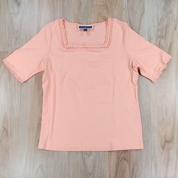 🔺️Karen Scott Peach Square Neck Short Sleeve Top Large - Picture 1 of 7